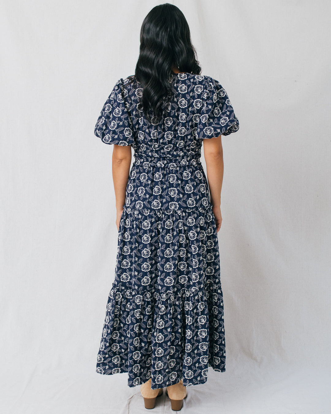 Camellia Embroidered Puff Sleeve Tiered Midi Dress