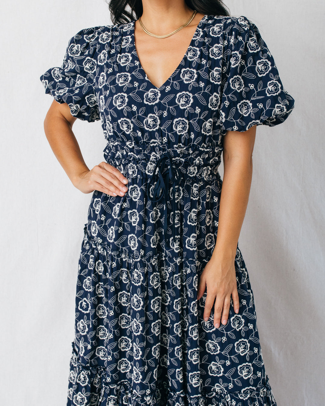 Camellia Embroidered Puff Sleeve Tiered Midi Dress