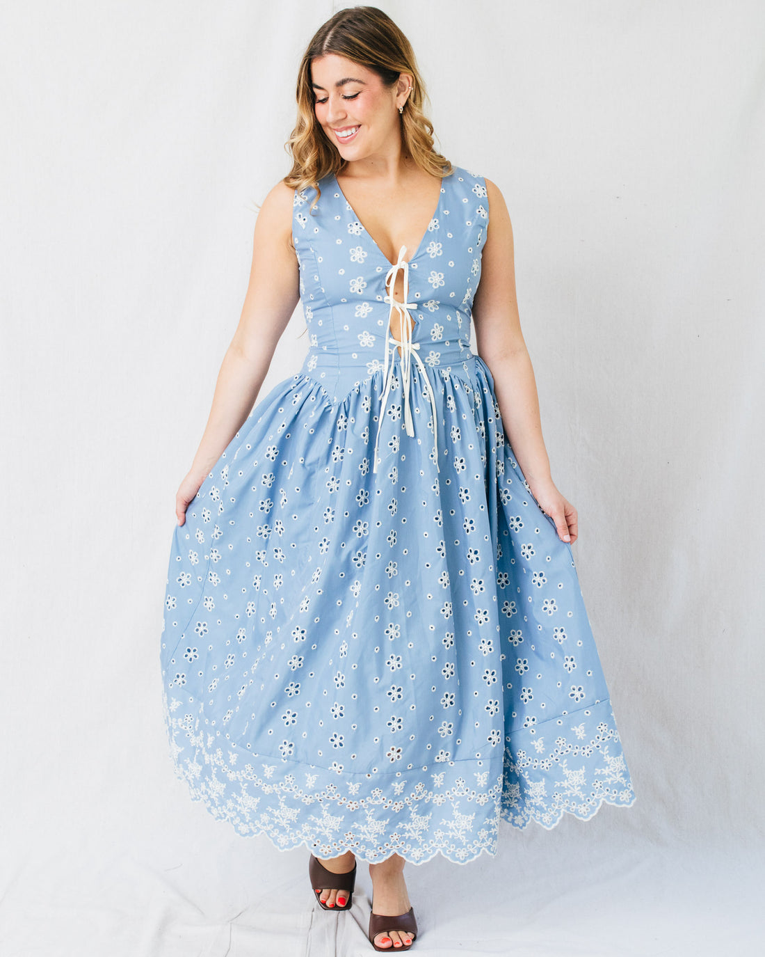 Melora Floral Embroidery Eyelet Midi Dress