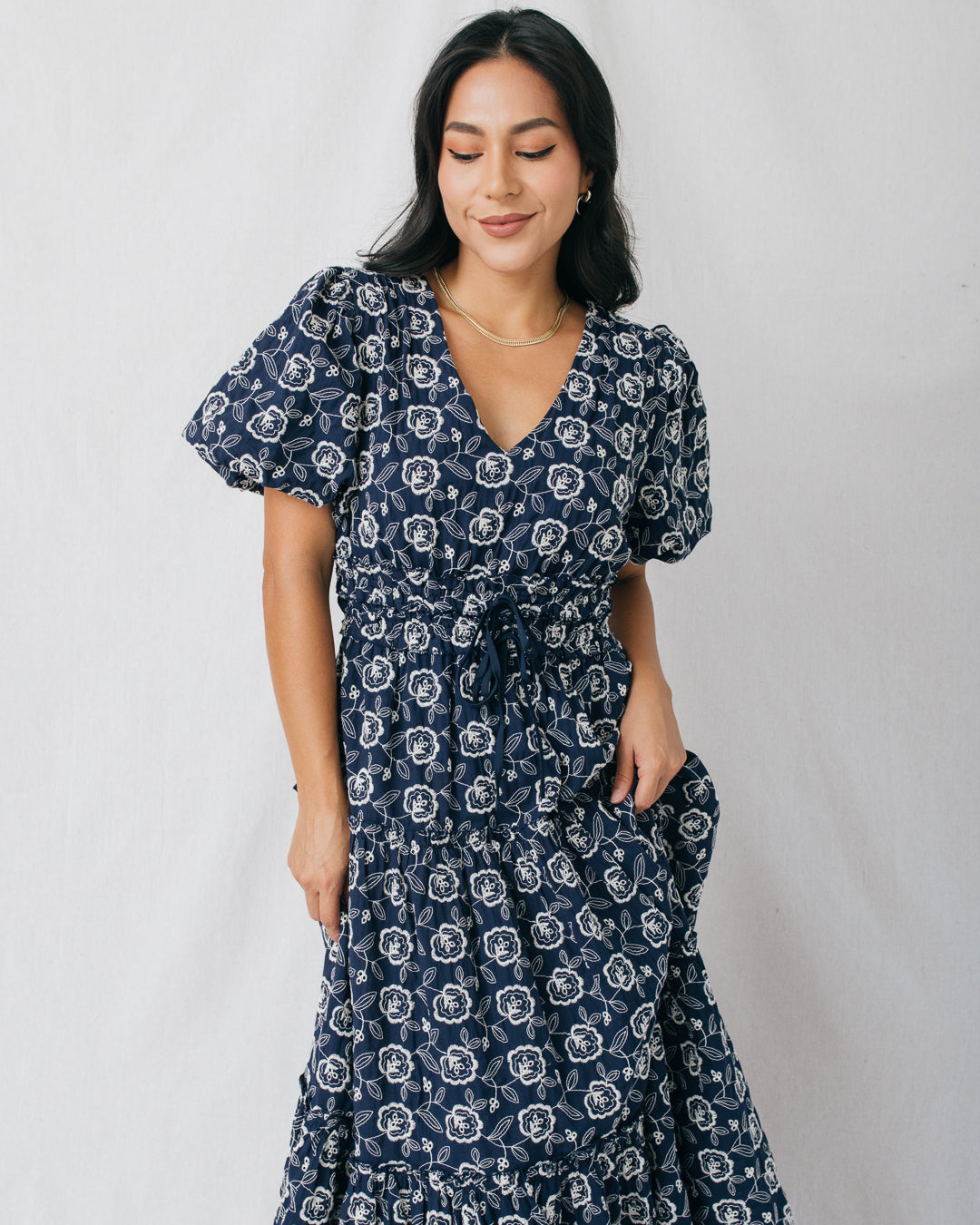 Camellia Embroidered Puff Sleeve Tiered Midi Dress