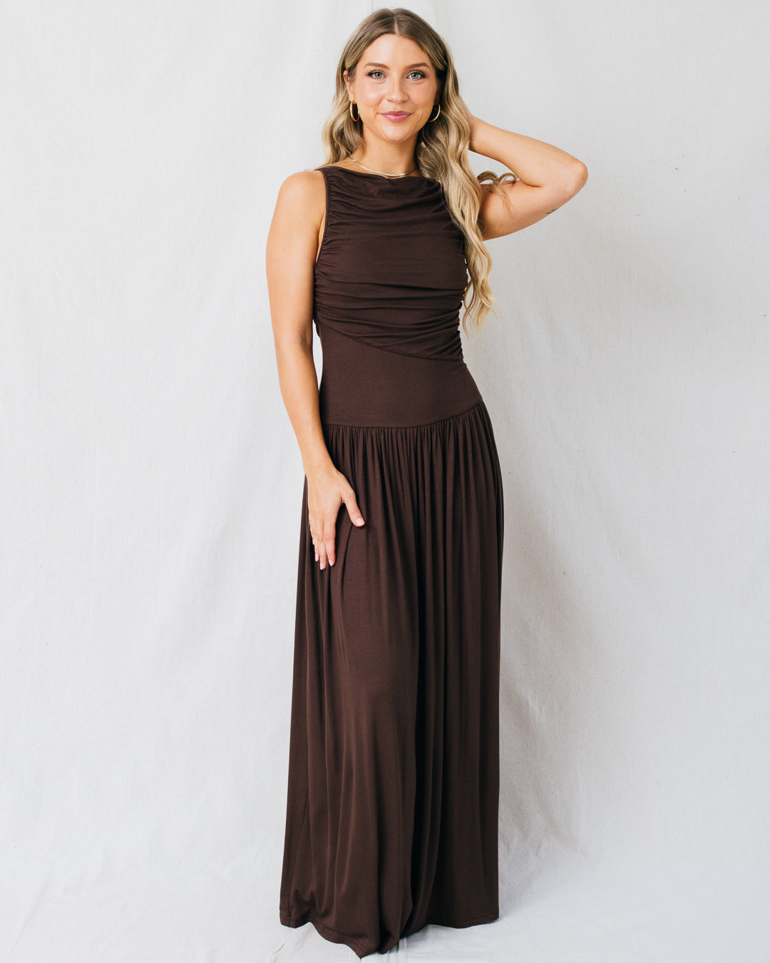 Leni Boat Neck Ruched Maxi Dress