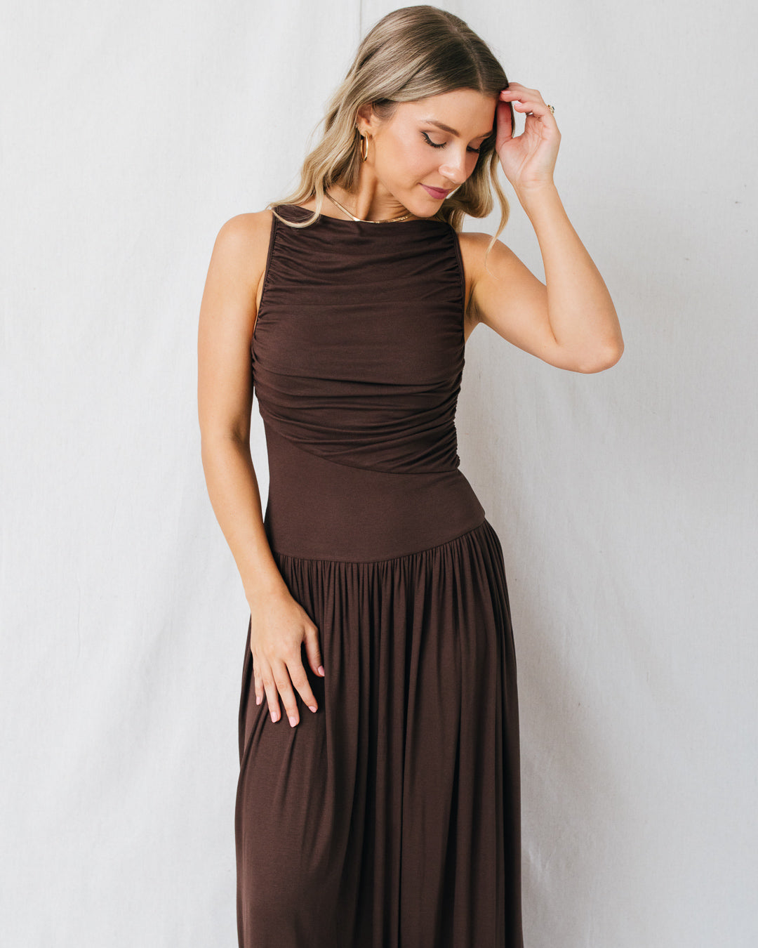 Leni Boat Neck Ruched Maxi Dress