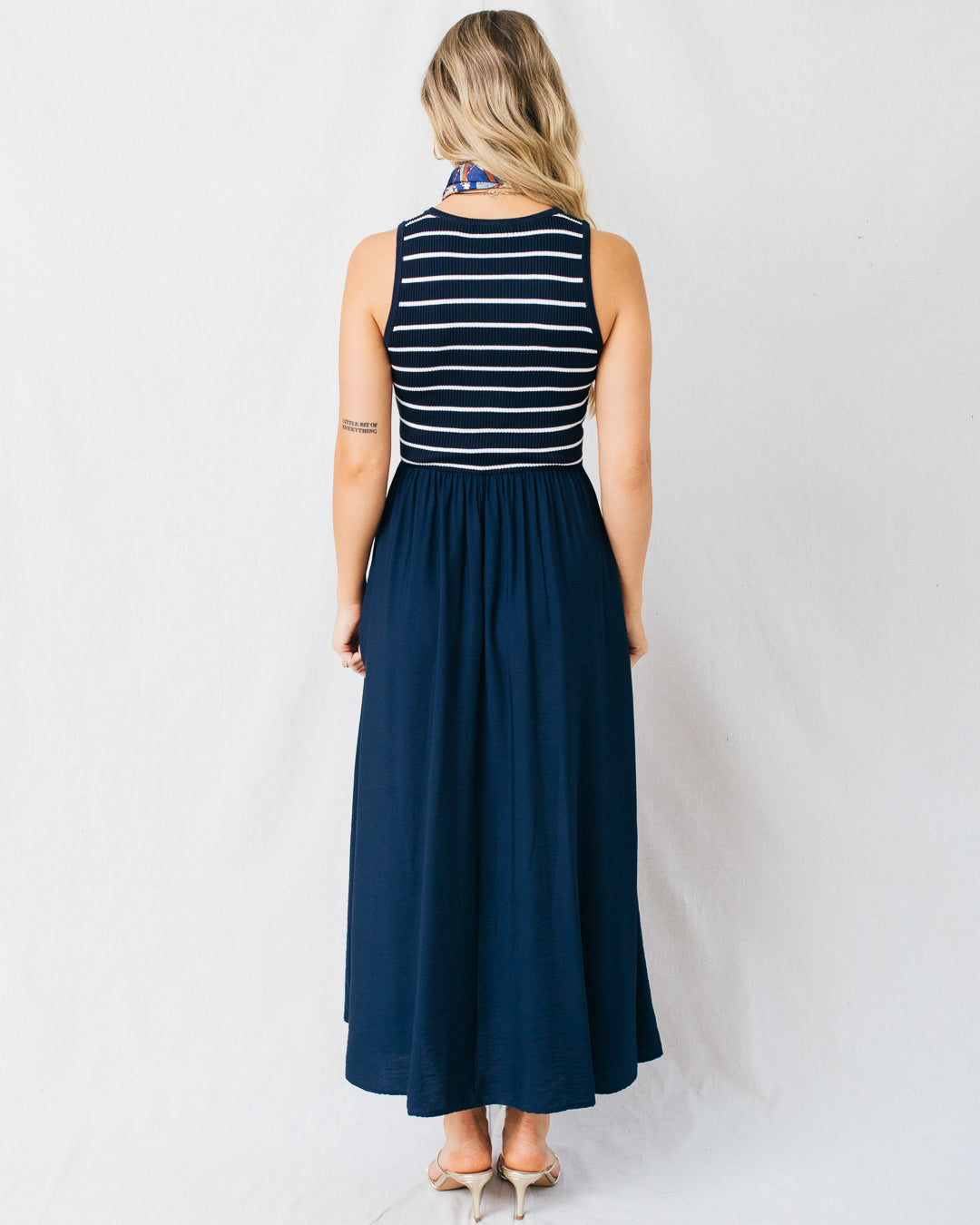 Glenda Stripe Sleeveless Mixed Media Midi Dress