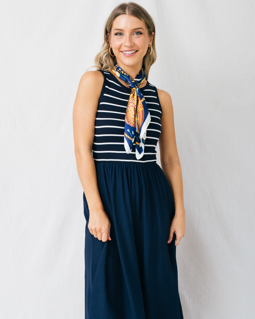 Glenda Stripe Sleeveless Mixed Media Midi Dress