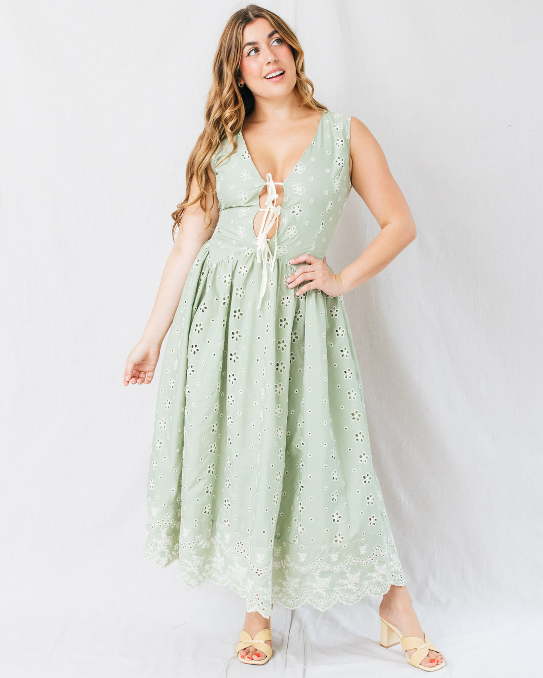 Melora Floral Embroidery Eyelet Midi Dress