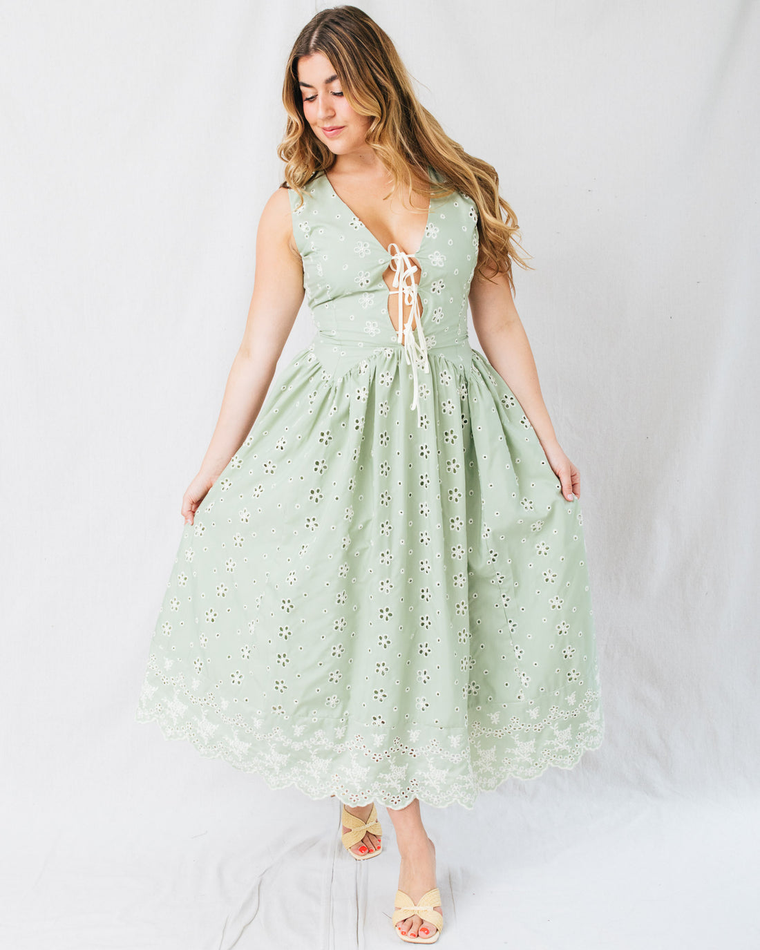 Melora Floral Embroidery Eyelet Midi Dress