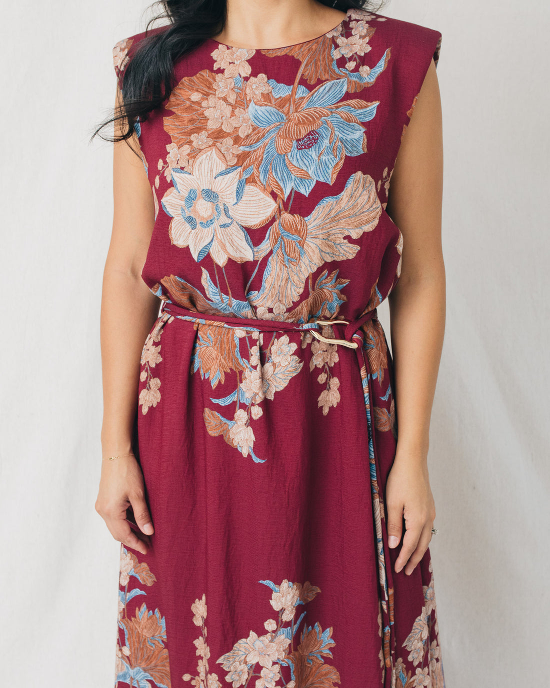 Erika Round Neck Belted Floral Midi Dress