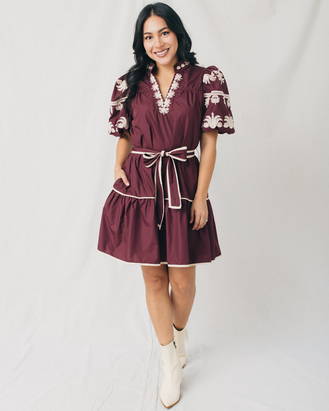 Azaleia Embroidered Bubble Sleeves Belted Mini Dress