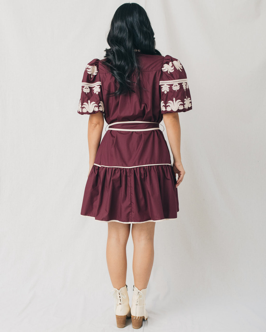 Azaleia Embroidered Bubble Sleeves Belted Mini Dress