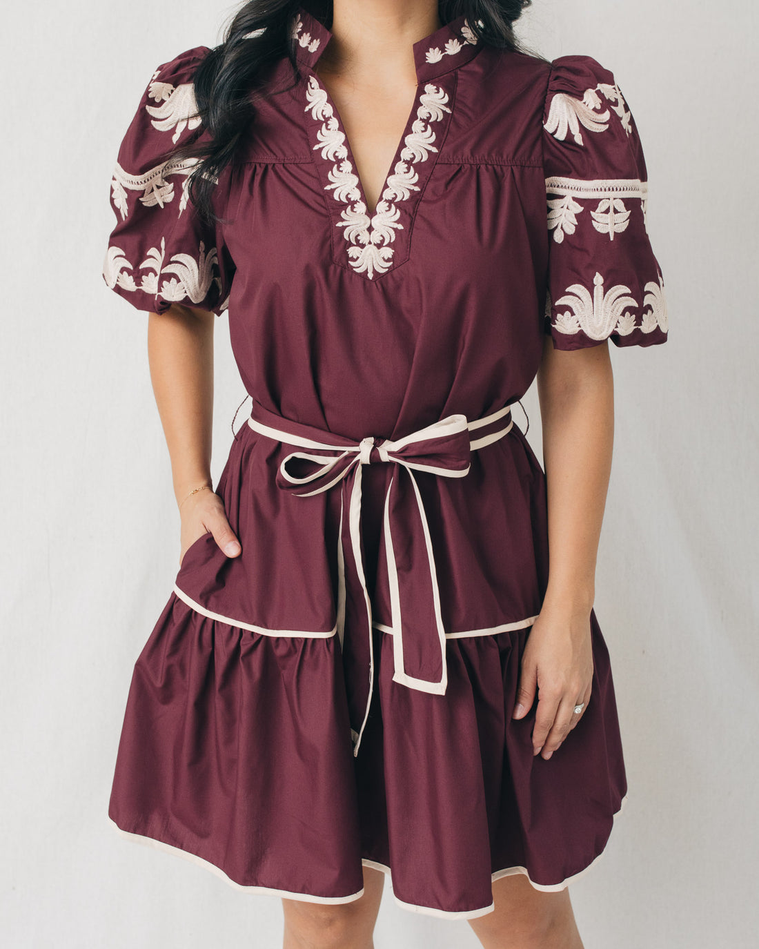 Azaleia Embroidered Bubble Sleeves Belted Mini Dress
