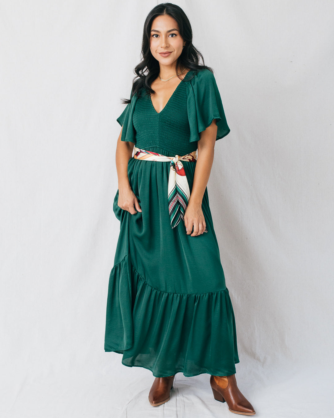 Belinda Smocked Waist Satin Midi Dress