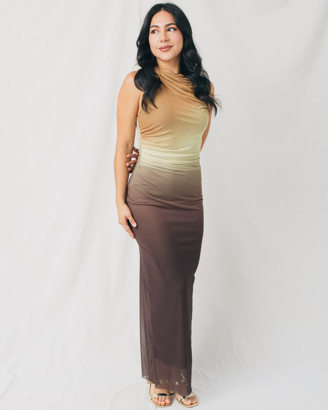 Salma Boat Neck Ruched Ombre Maxi Dress