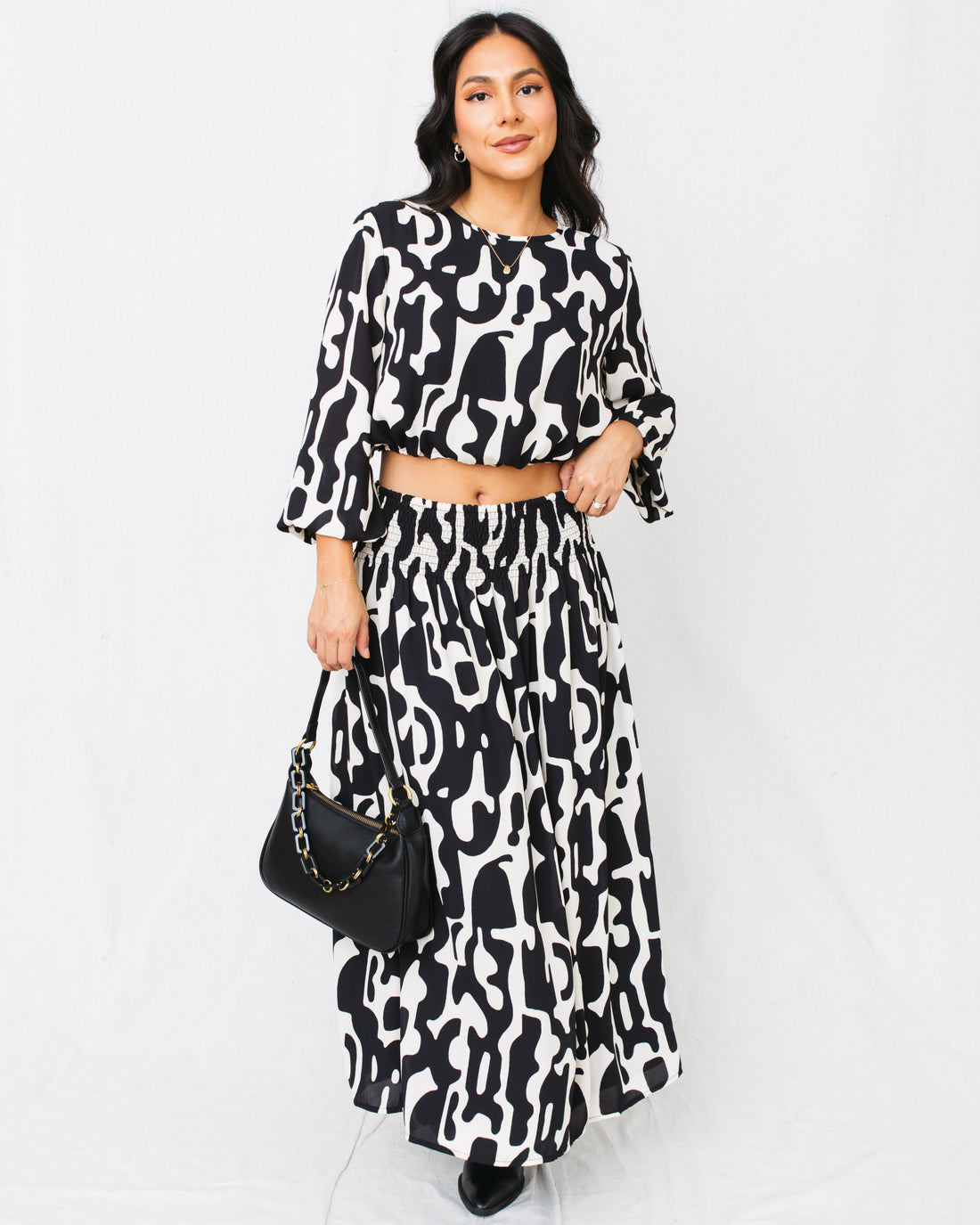 Nuance Smocked Waist Printed Midi Skirt