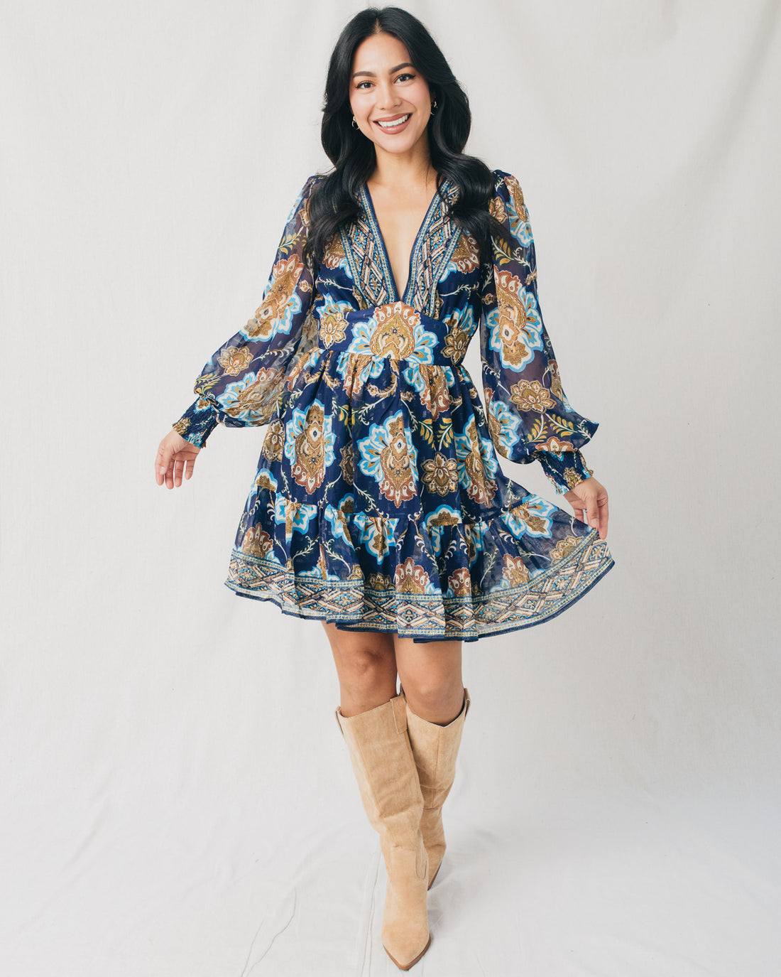 Julie V-Neck Printed Ruffled Hem Mini Dress