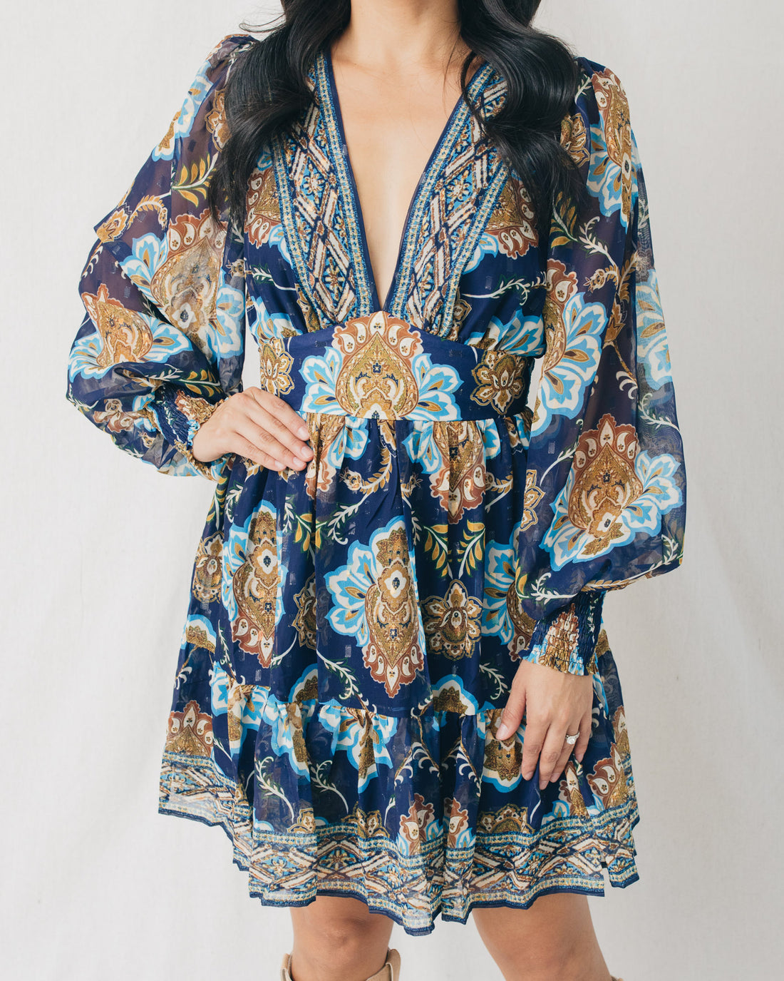 Julie V-Neck Printed Ruffled Hem Mini Dress