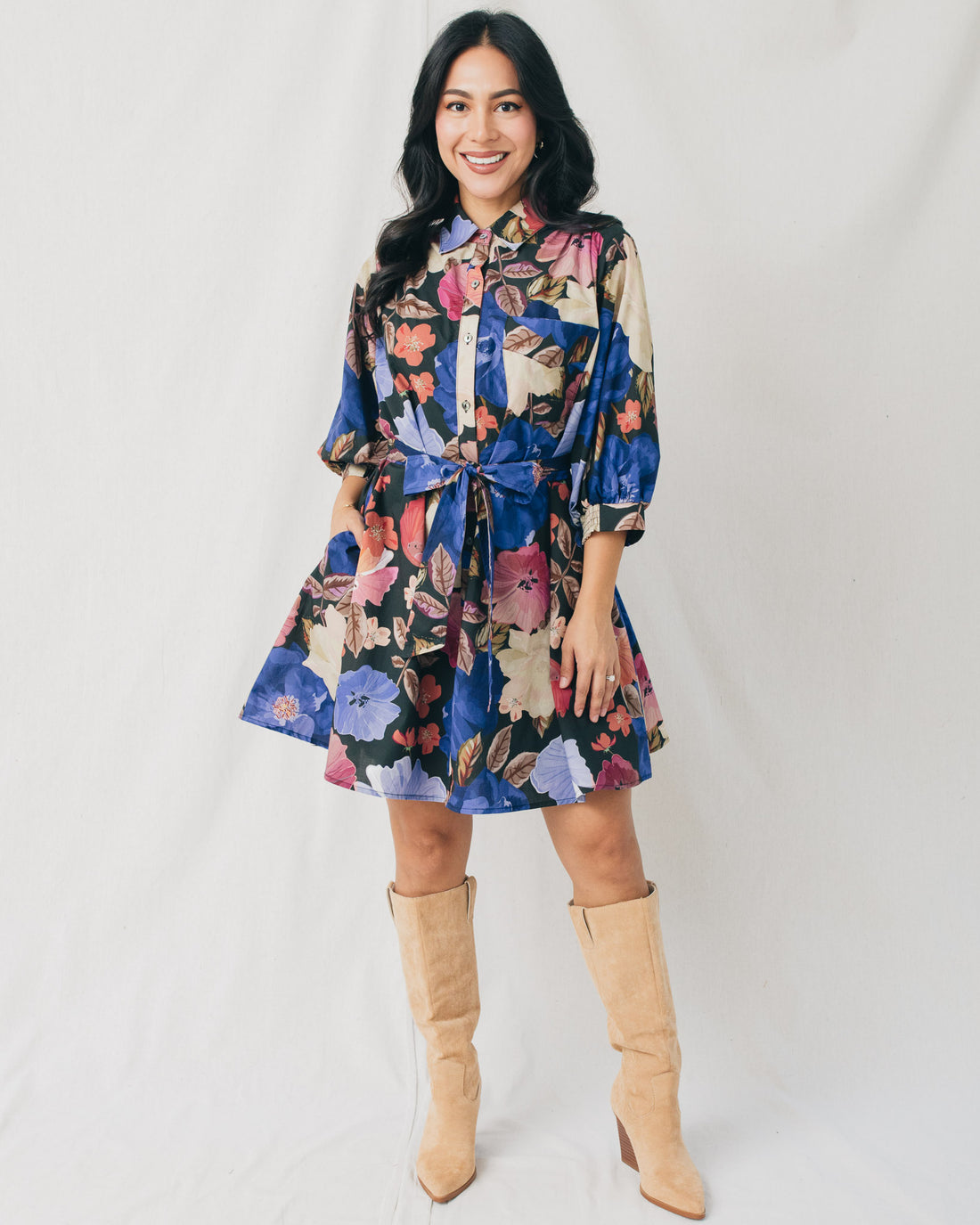 Collins Bubble Sleeves Floral Belted Mini Dress