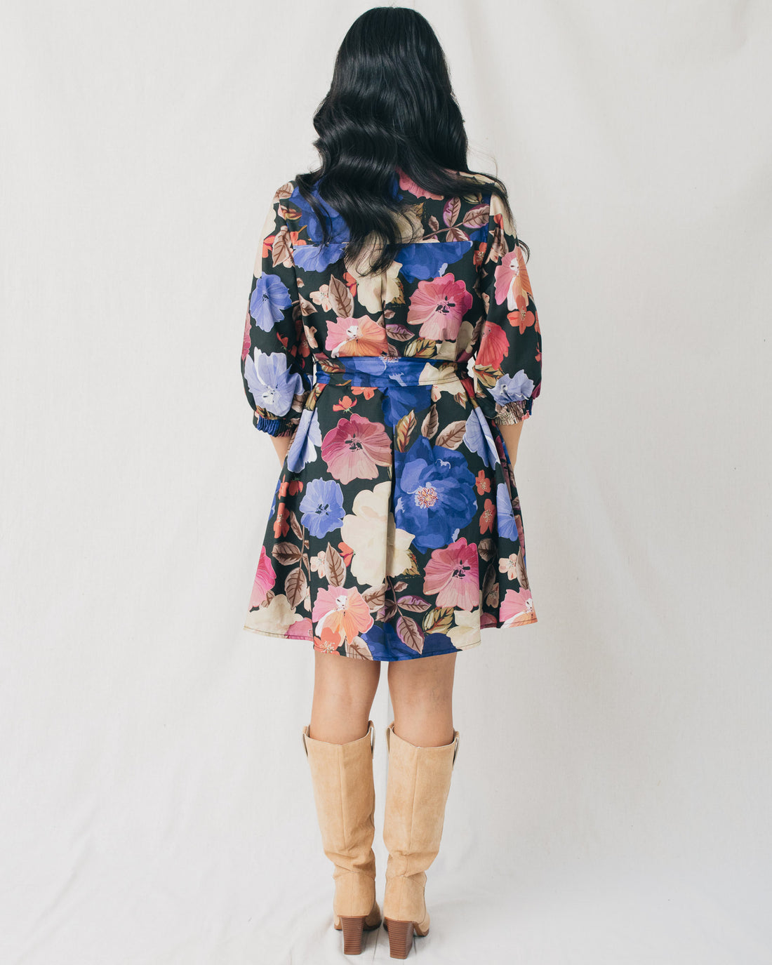 Collins Bubble Sleeves Floral Belted Mini Dress