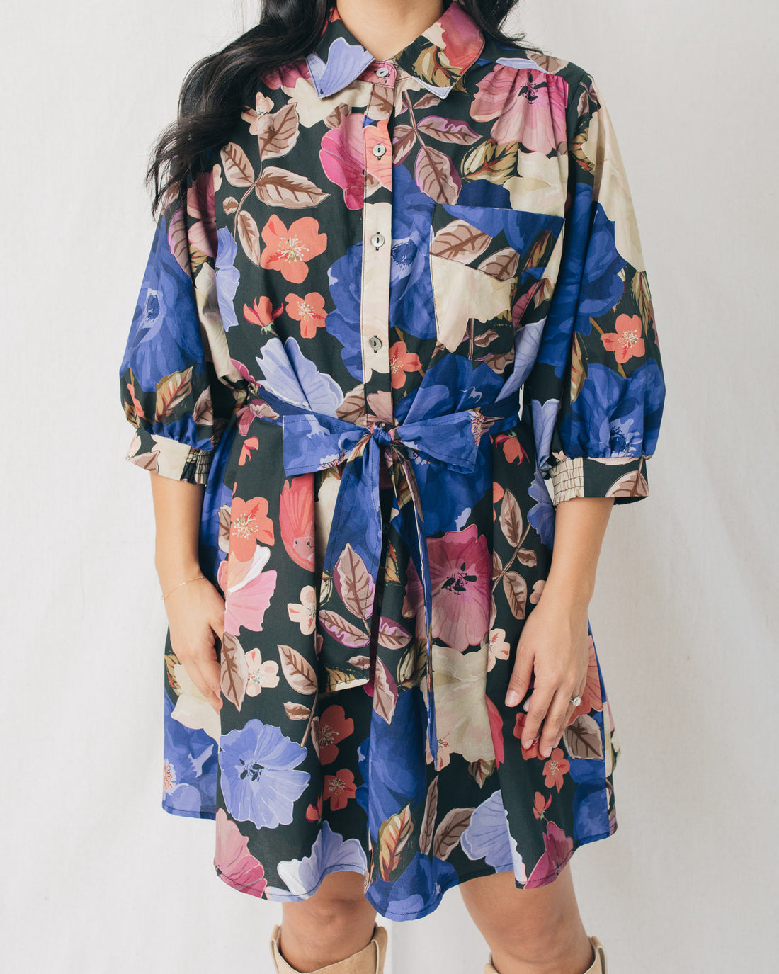 Collins Bubble Sleeves Floral Belted Mini Dress