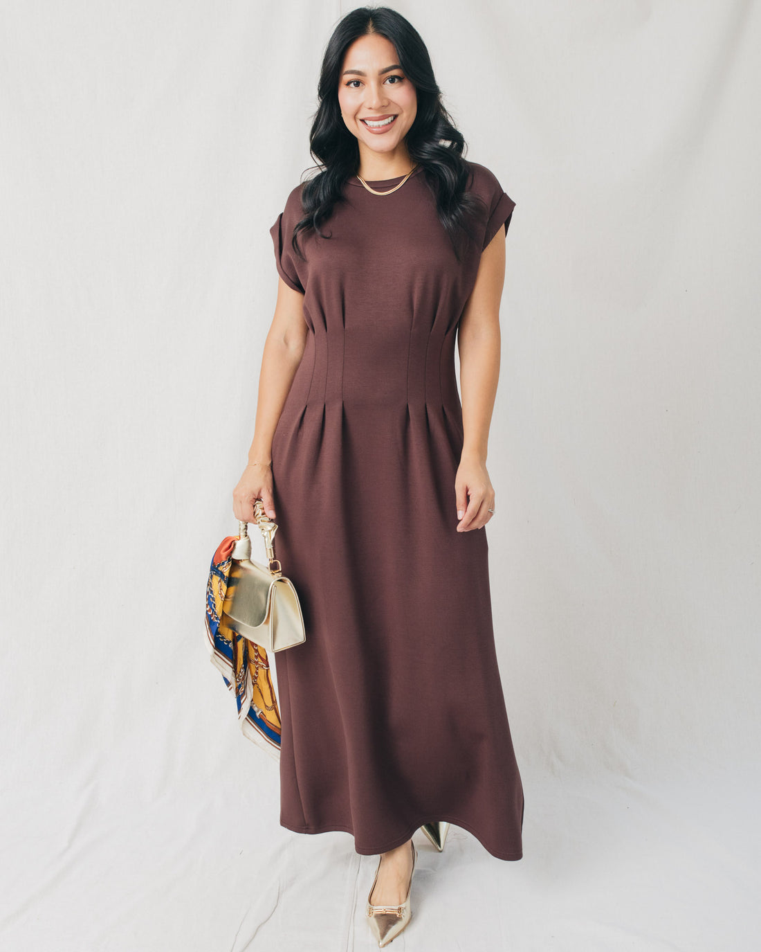 Francis Cap Sleeve Pleated Waist Solid Midi Dress