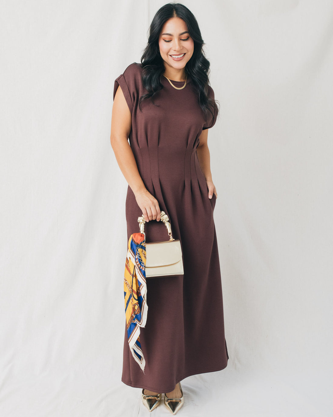 Francis Cap Sleeve Pleated Waist Solid Midi Dress