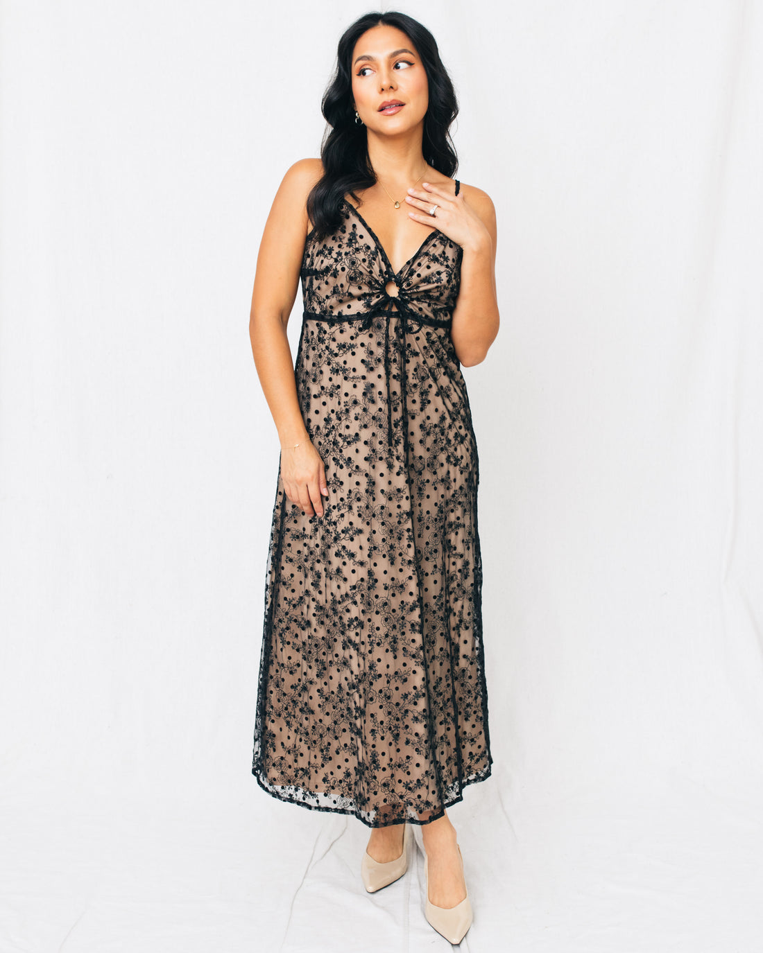 Elegance V-Neck Front Keyhole Lace Midi Dress