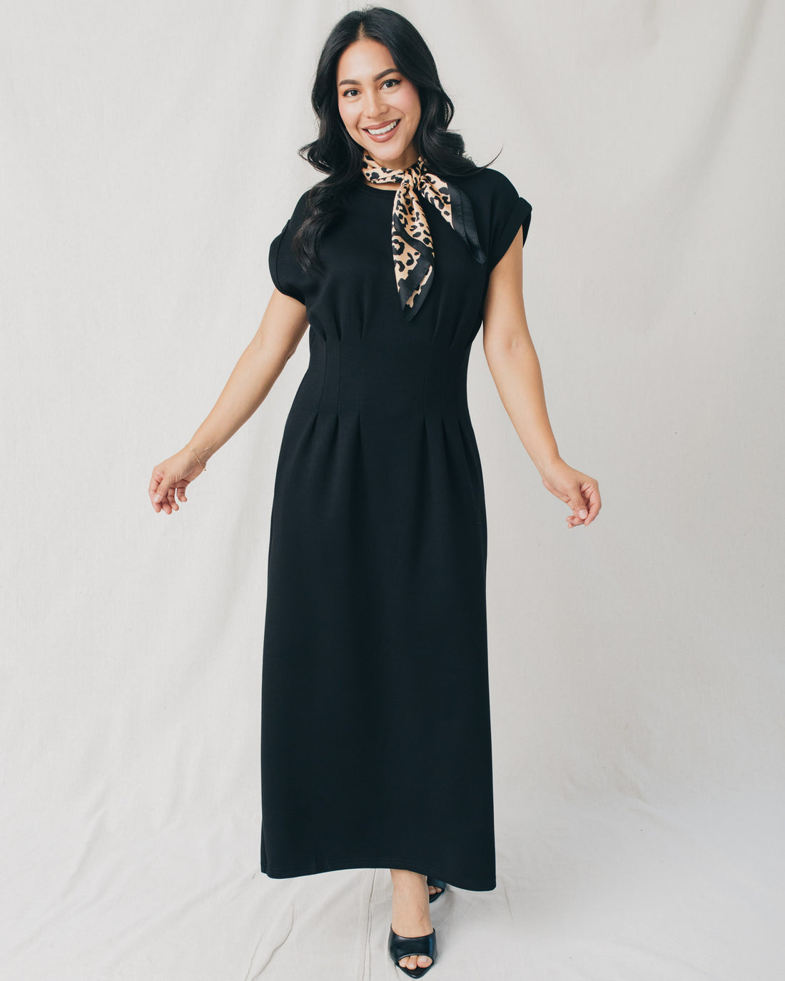 Francis Cap Sleeve Pleated Waist Solid Midi Dress