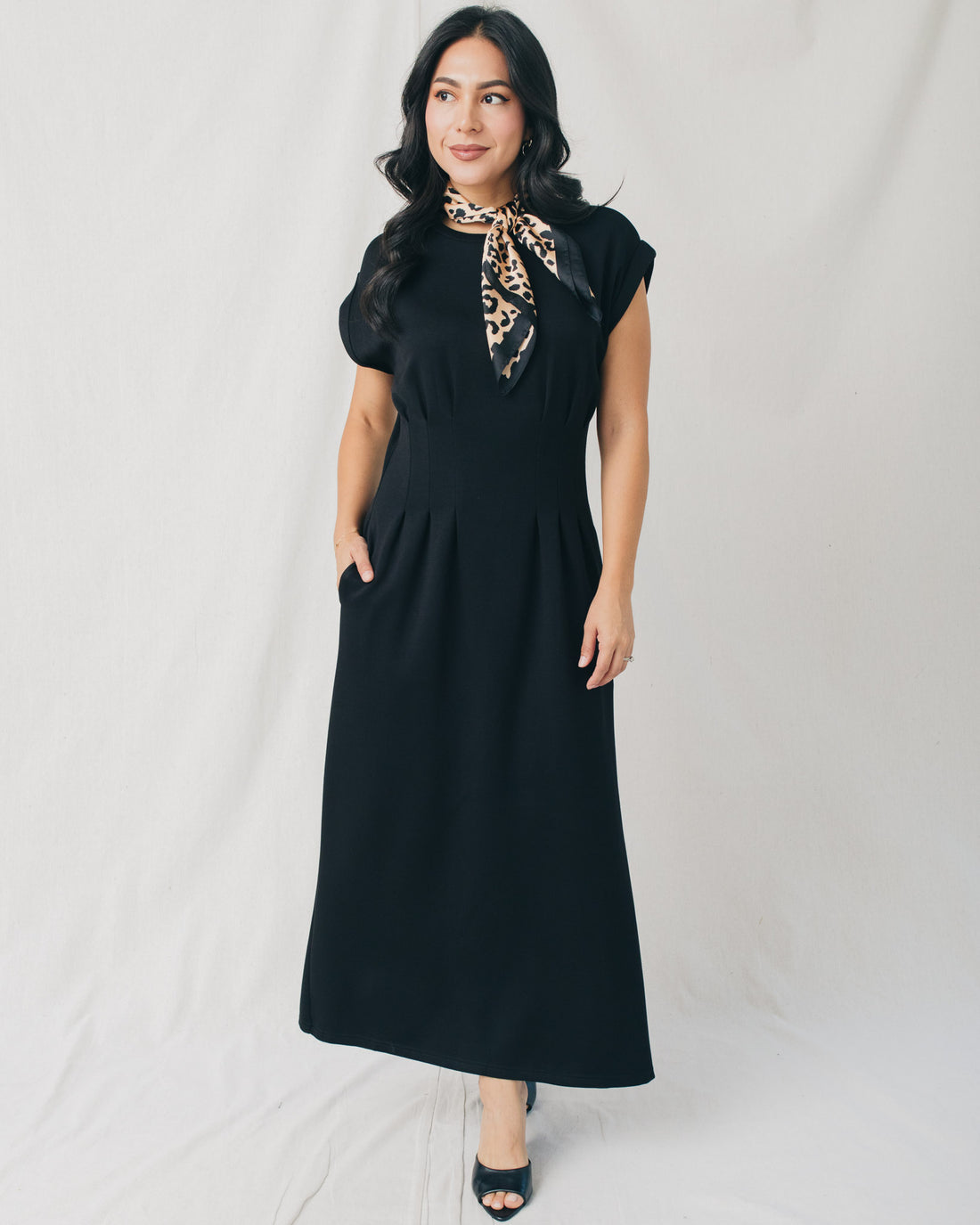 Francis Cap Sleeve Pleated Waist Solid Midi Dress