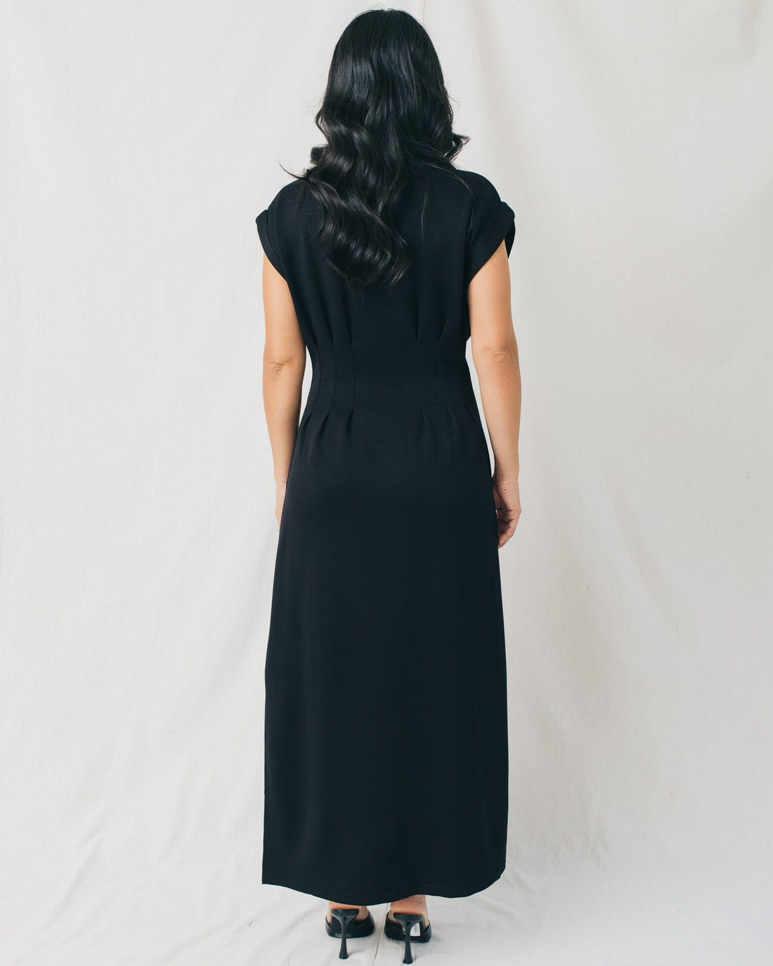 Francis Cap Sleeve Pleated Waist Solid Midi Dress