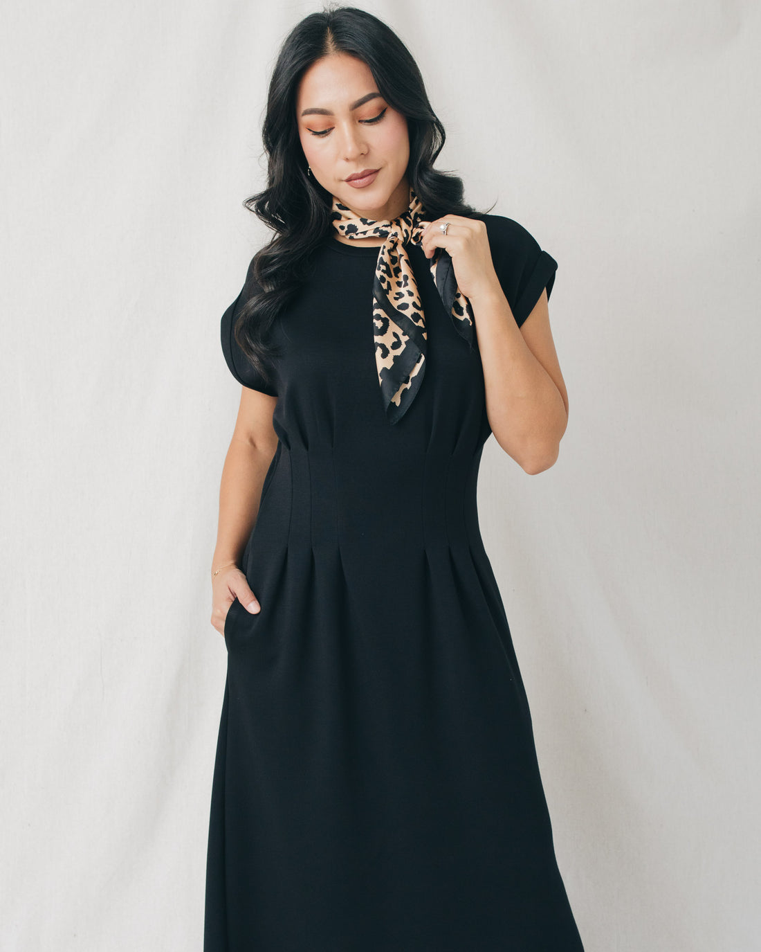 Francis Cap Sleeve Pleated Waist Solid Midi Dress