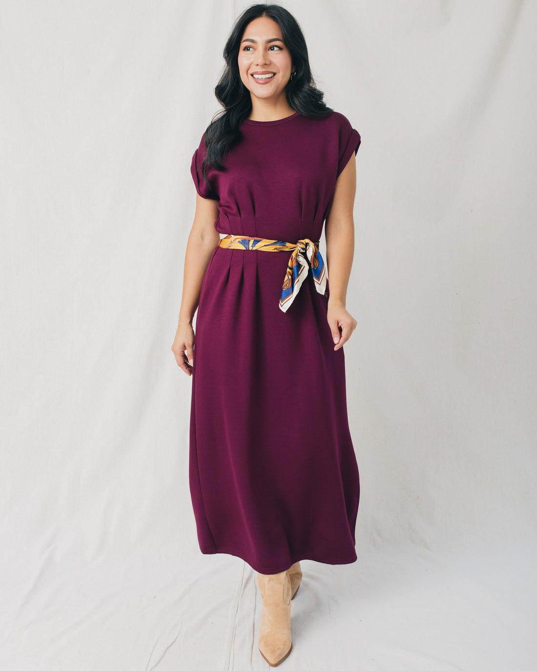 Francis Cap Sleeve Pleated Waist Solid Midi Dress