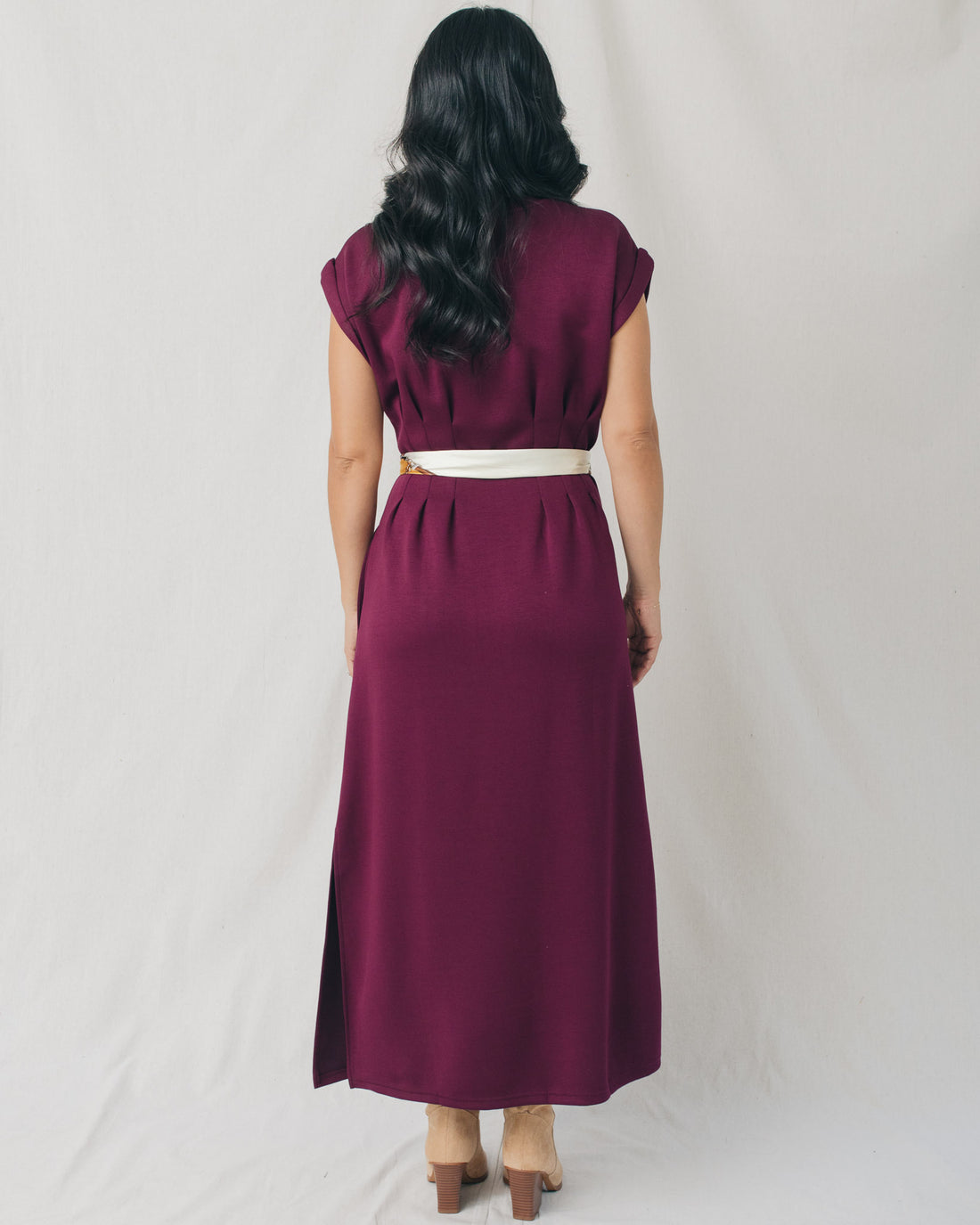 Francis Cap Sleeve Pleated Waist Solid Midi Dress