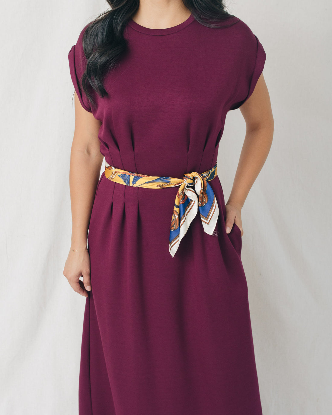 Francis Cap Sleeve Pleated Waist Solid Midi Dress