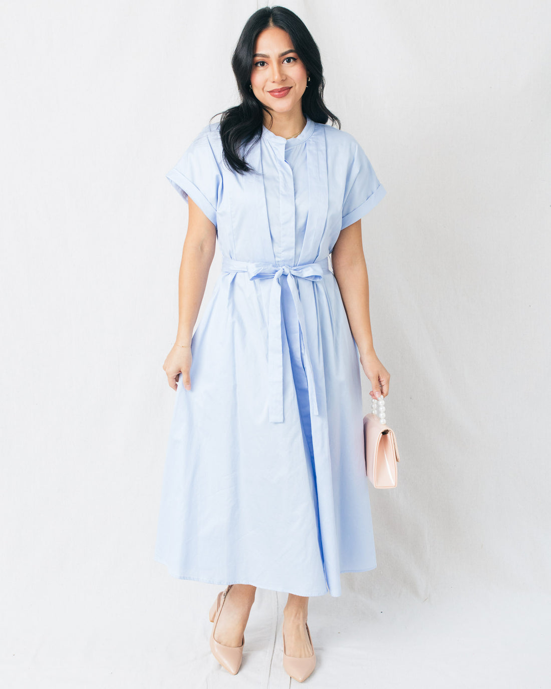 Salma V-Neck Pleated Front Belted Midi Dress