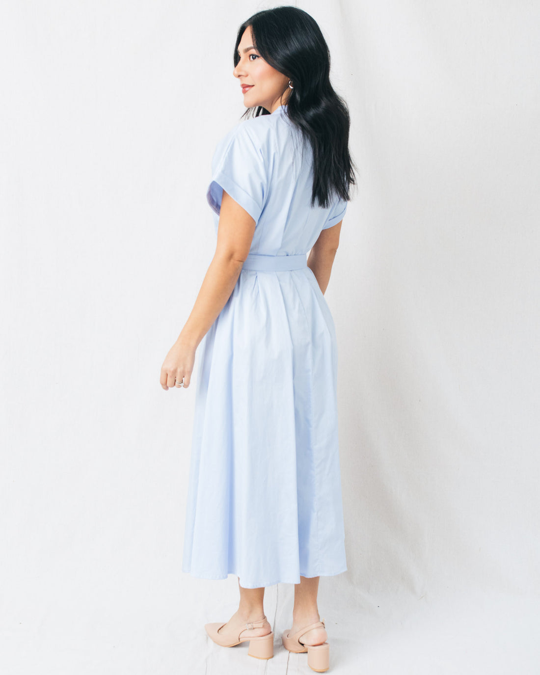 Salma V-Neck Pleated Front Belted Midi Dress