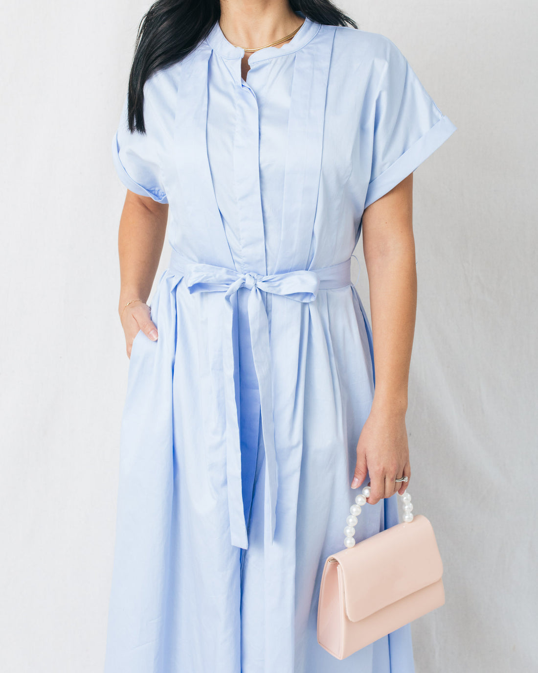 Salma V-Neck Pleated Front Belted Midi Dress