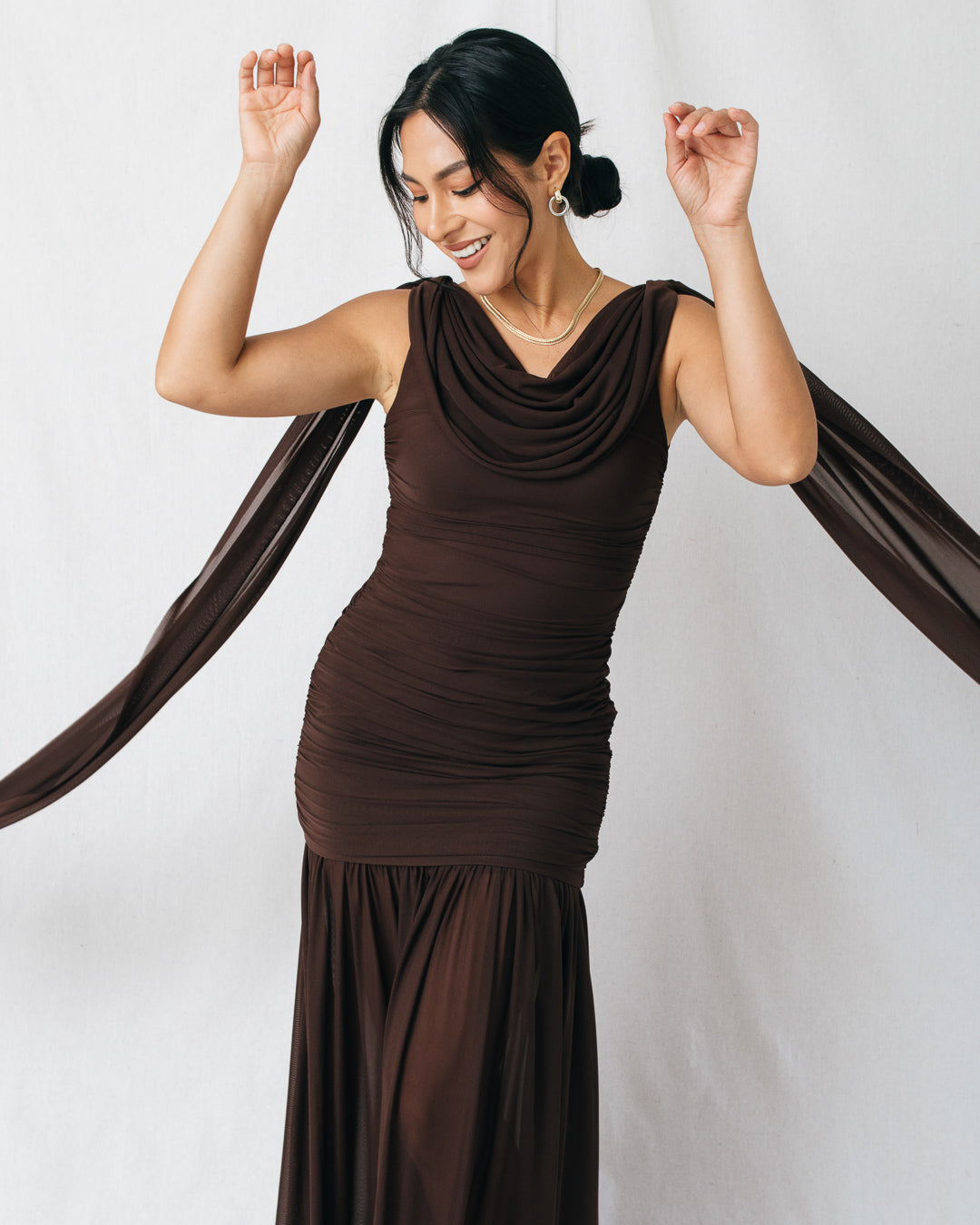 Nerisse Cowl Neck Open Back Maxi Dress