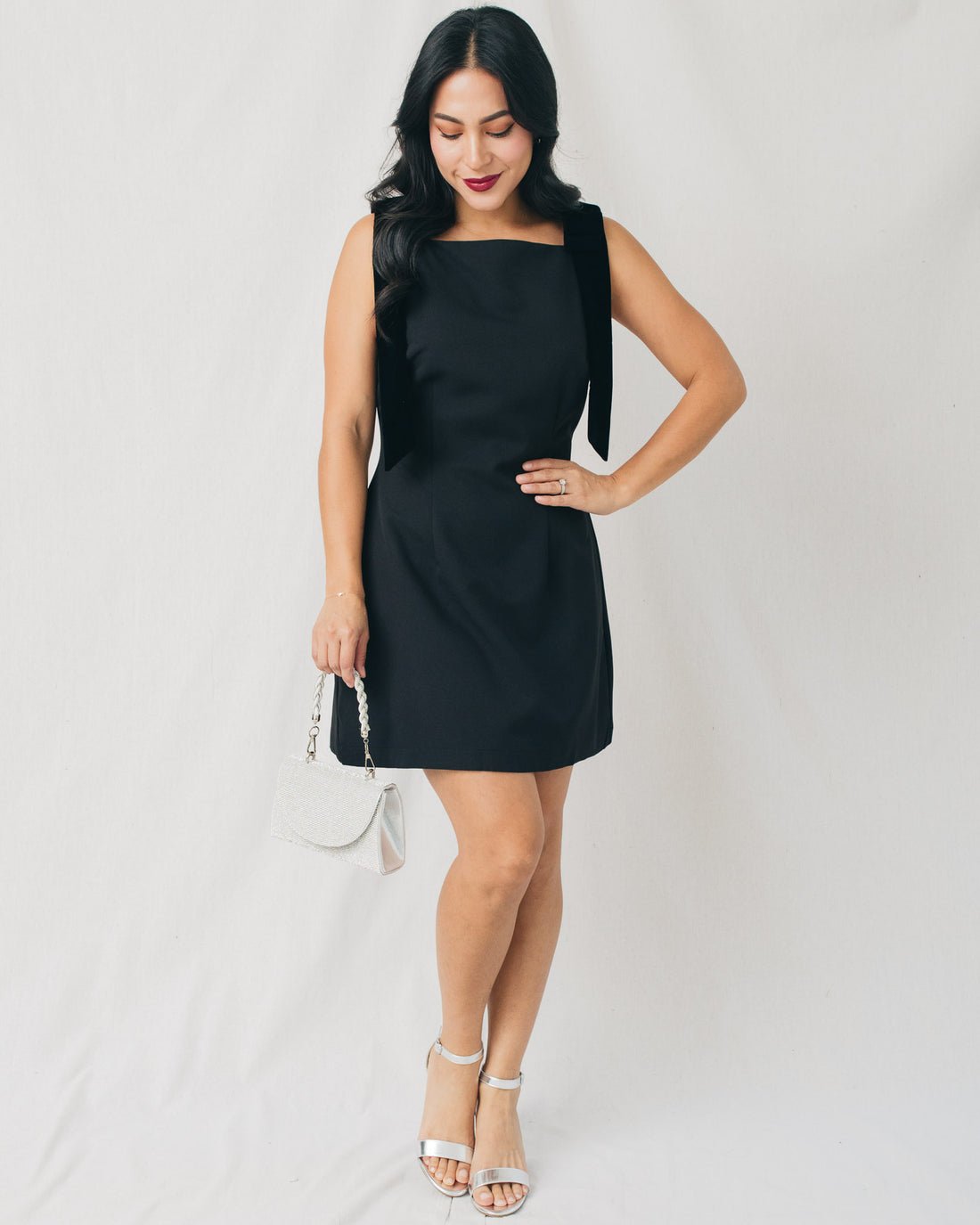 Sage Velveteen Bow Shoulder Mini Dress