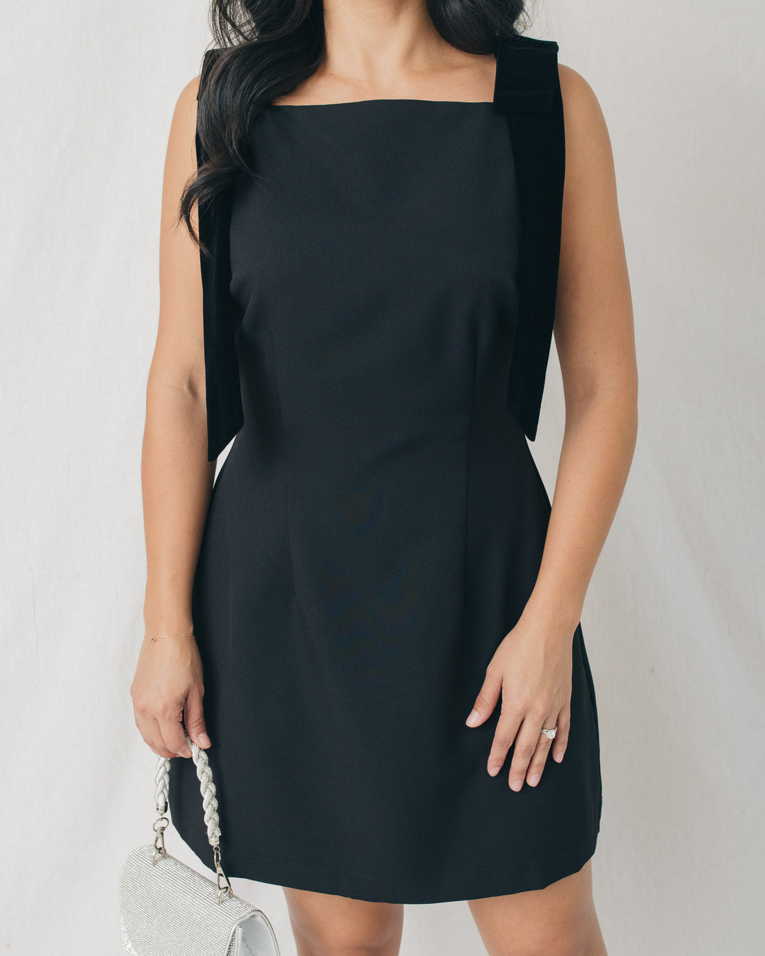 Sage Velveteen Bow Shoulder Mini Dress