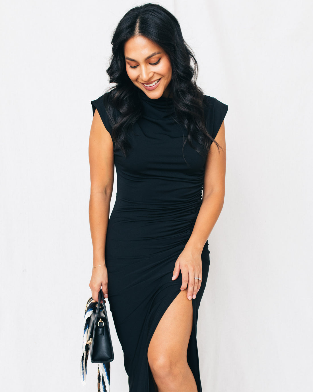 Party Town Mock Neck Side Slit Midi Dress