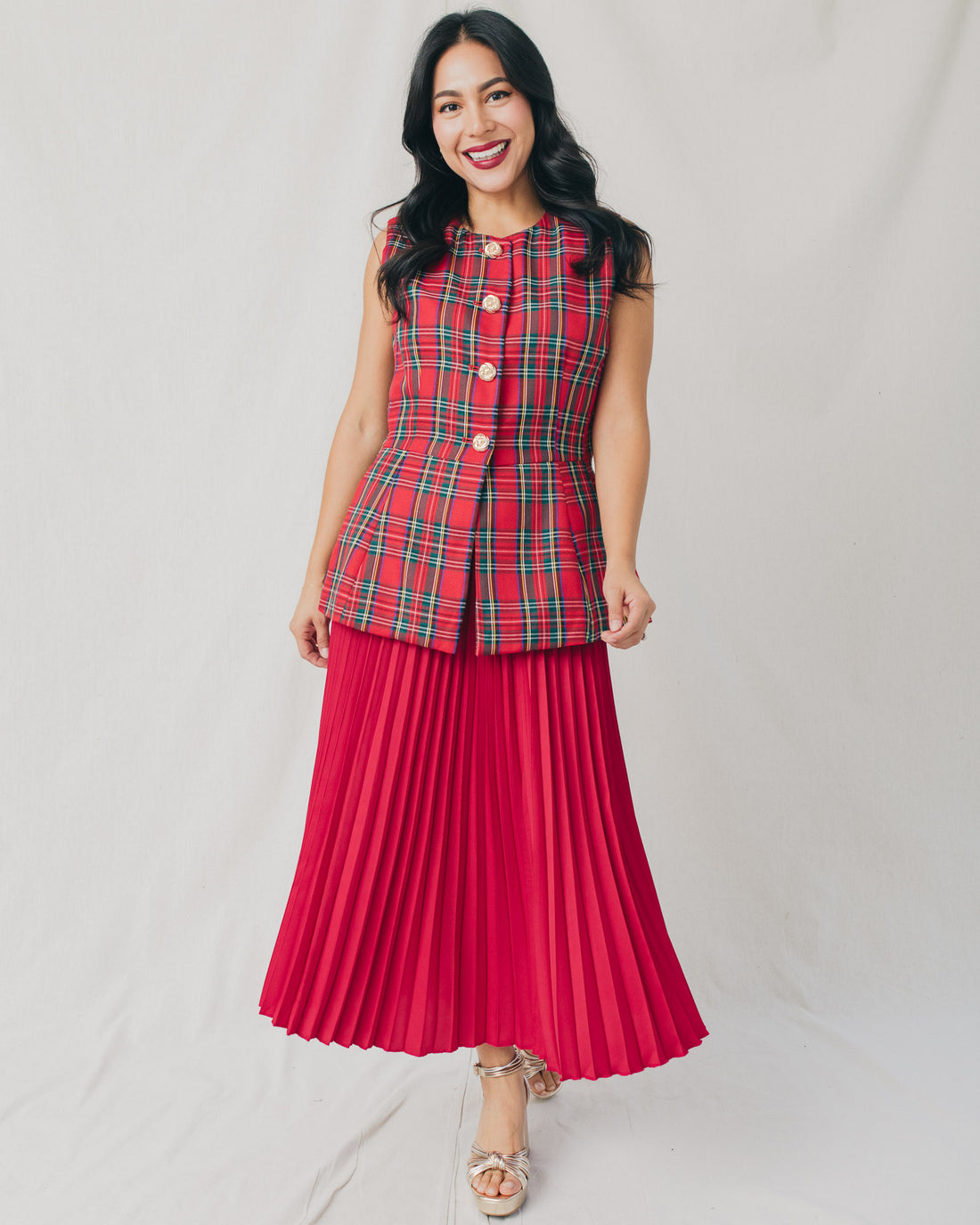 Jolie Gold Buttons Plaid Fitted Vest Top