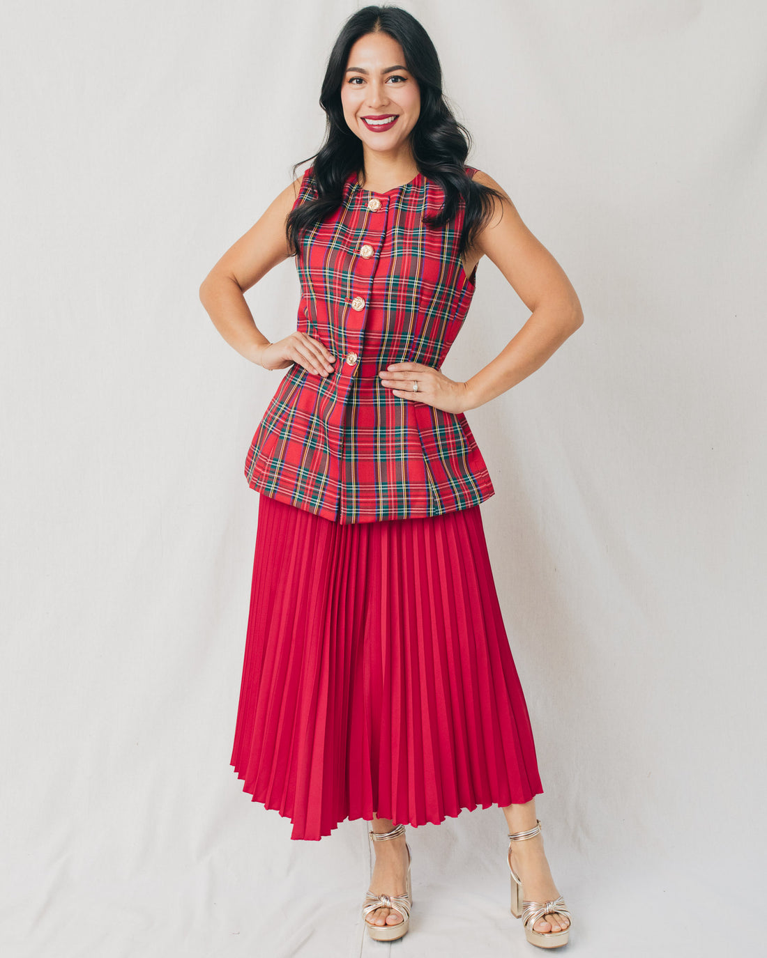 Hana Elastic Waist Glossy Pleated Midi Skirt