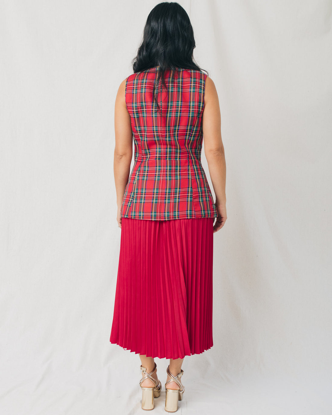 Jolie Gold Buttons Plaid Fitted Vest Top