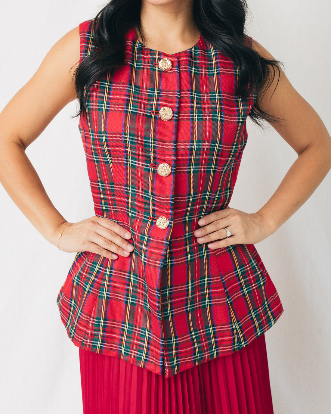 Jolie Gold Buttons Plaid Fitted Vest Top