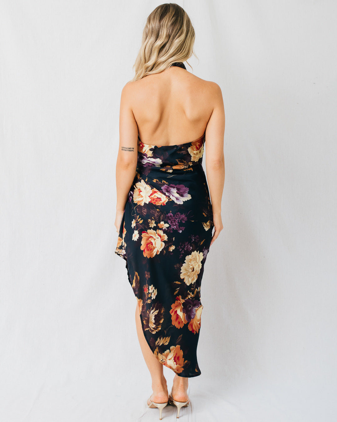 Nightfall Floral Side Pleated Halter Neck Maxi Dress
