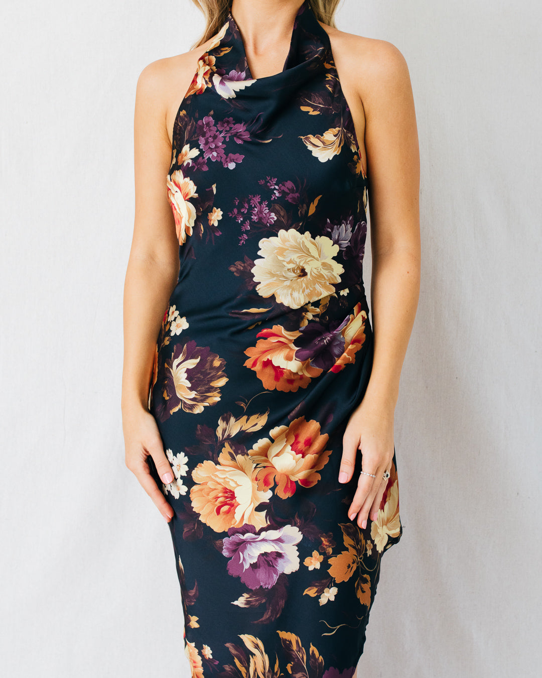 Nightfall Floral Side Pleated Halter Neck Maxi Dress