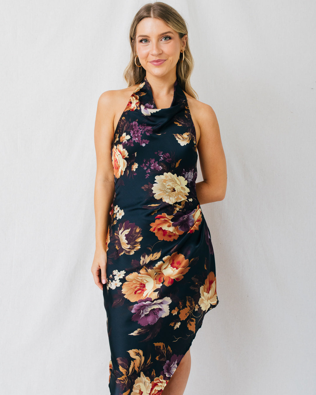 Nightfall Floral Side Pleated Halter Neck Maxi Dress