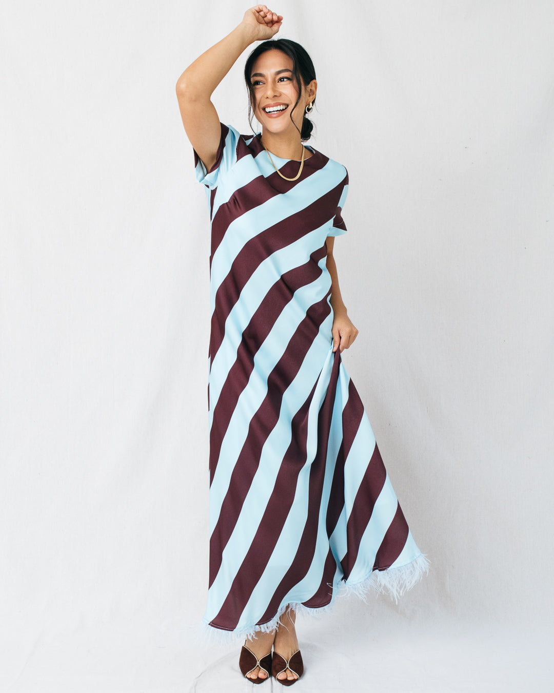 Jemima Diagonal Stripe Feather Hem Maxi Dress