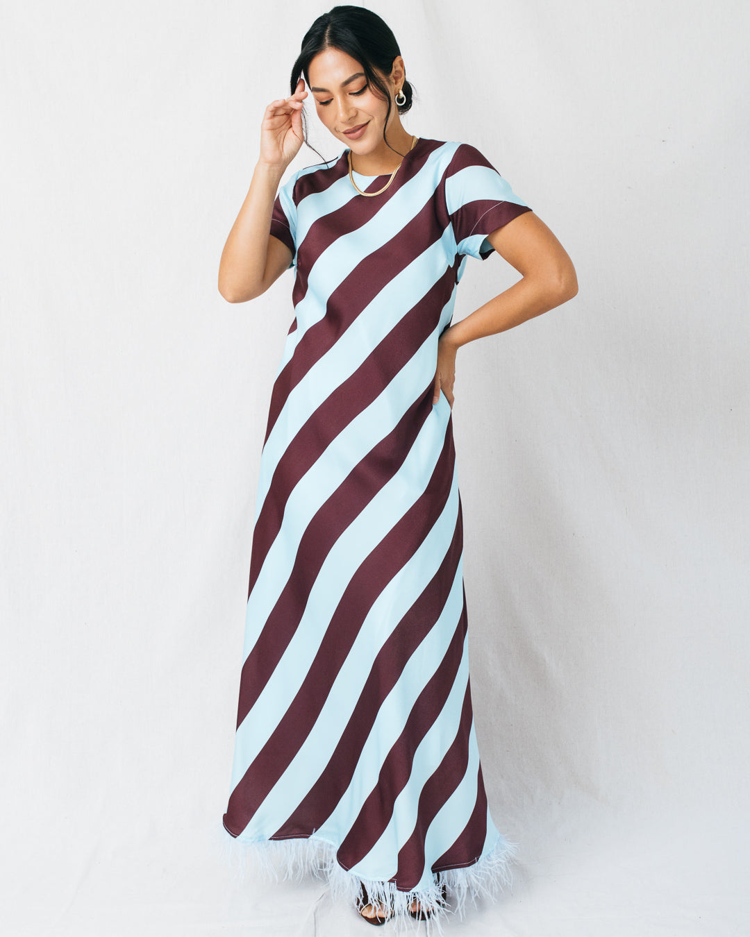 Jemima Diagonal Stripe Feather Hem Maxi Dress