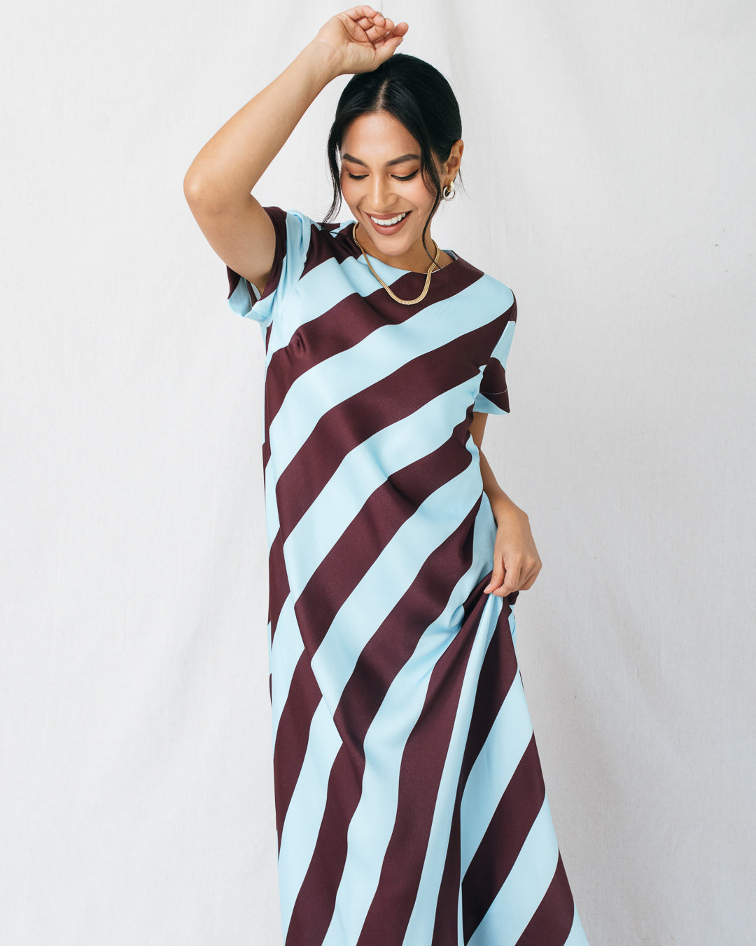 Jemima Diagonal Stripe Feather Hem Maxi Dress