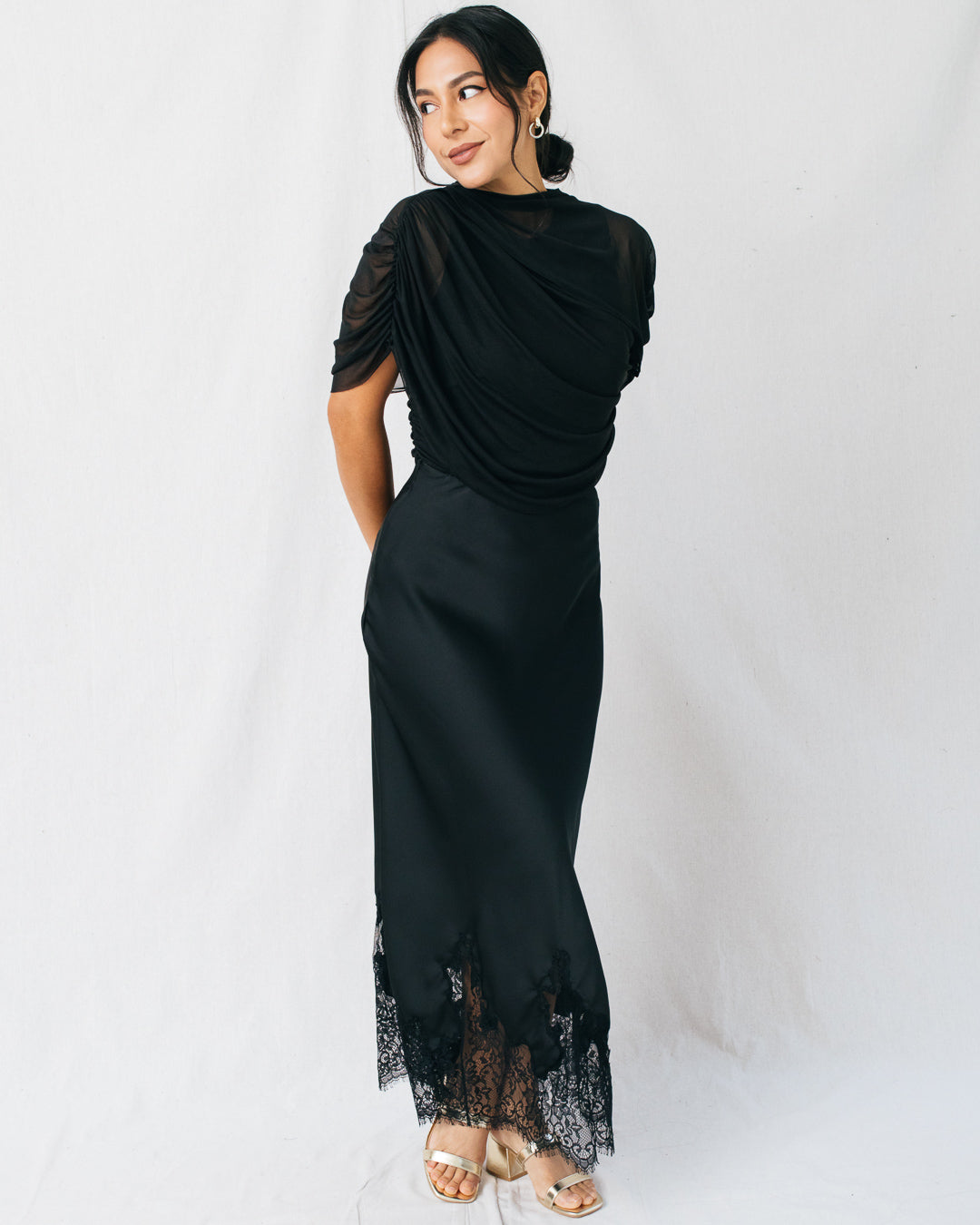 Marjorie Satin Lace Detail Midi Skirt